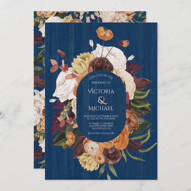 Rustic Navy Blue Wood Autumn Floral Wreath Wedding Invitation (Front/Back)