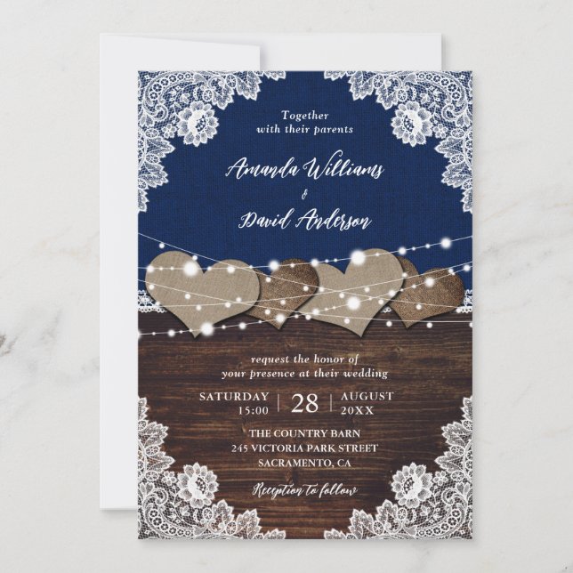 Rustic Navy Blue Wood Burlap Lace Wedding Invitation (Front)