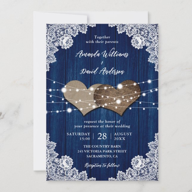 Rustic Navy Blue Wood Burlap Lace Wedding Invitation (Front)