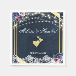 Rustic Navy Blue Wood Lace String Lights Wedding Napkin