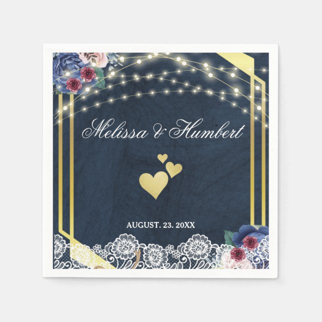 Rustic Navy Blue Wood Lace String Lights Wedding Napkin (Front)