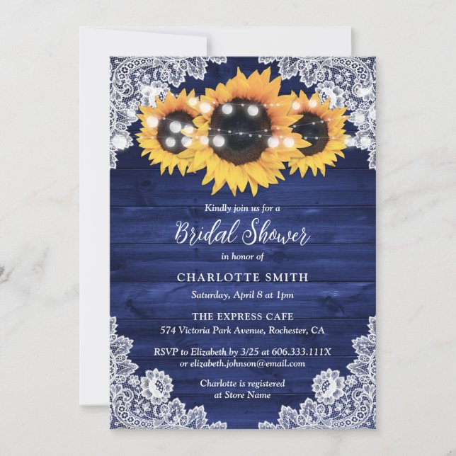 Rustic Navy Blue Wood Lace Sunflower Bridal Shower Invitation (Front)