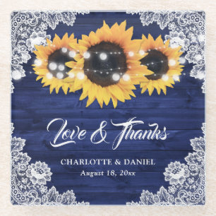 Rustic Navy Blue Wood Lace Sunflower Wedding Glass Coaster