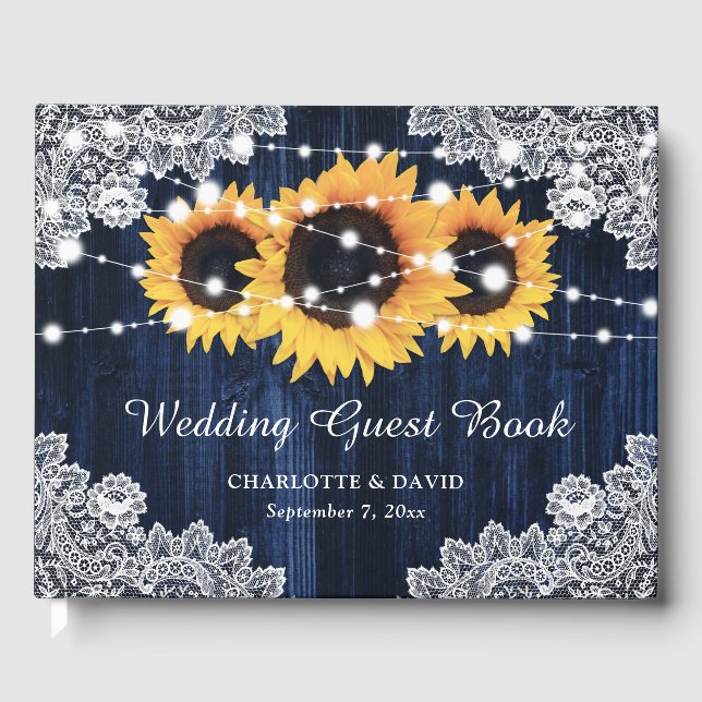 Rustic Navy Blue Wood Lace Sunflower Wedding Guest Book (Front)
