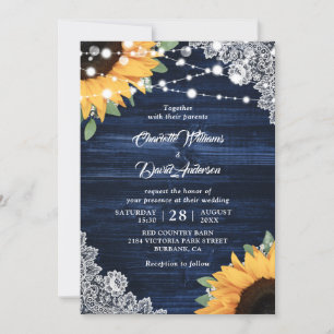 Rustic Navy Blue Wood Lace Sunflower Wedding Invitation