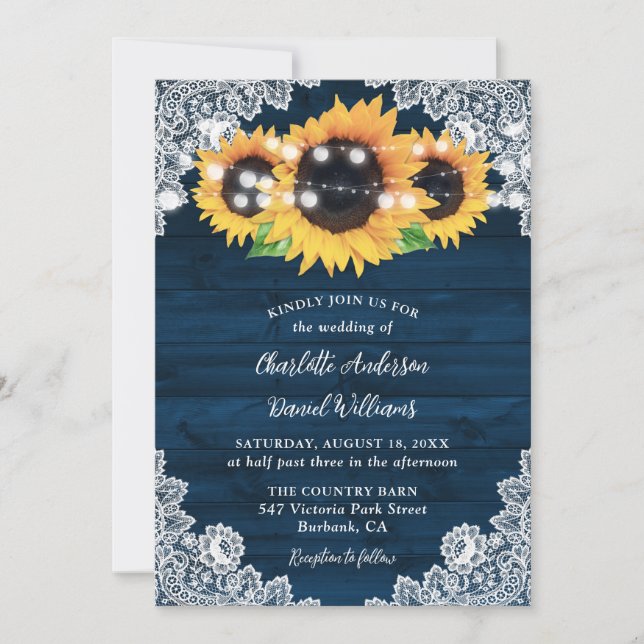 Rustic Navy Blue Wood Lace Sunflower Wedding Invitation (Front)
