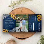 Rustic Navy Blue Wood Lace Sunflower Wedding Photo Tri-Fold Invitation<br><div class="desc">Amaze your guests with this elegant sunflower theme all in one wedding invite featuring beautiful sunflowers and lace with detachable RSVP card. Simply add your event details on this easy-to-use template and adorn this card with your favourite photo to make it a one-of-a-kind invitation.</div>