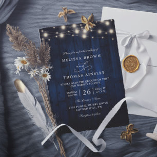 Rustic Navy Blue Wood String Light QR Code Wedding Invitation