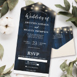 Rustic Navy Blue Wood String Light Wedding Song All In One Invitation<br><div class="desc">These budget-friendly Rustic Wood String Light Wedding invitations are designed with an easy-to-tear-off perforated RSVP postcard. Just simply fold each card into the outlined shape,  and then seal and send - no envelope needed for shipping.</div>