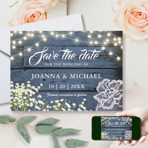 Rustic Navy Blue Wood String Lights & Lace Save The Date