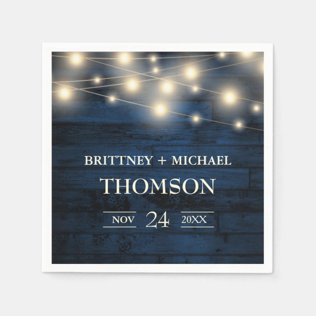 Rustic Navy Blue Wood String Lights Napkin (Front)