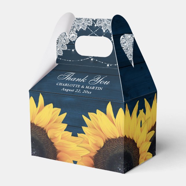 Rustic Navy Blue Wood Sunflower Wedding Favor Box (Front Side)