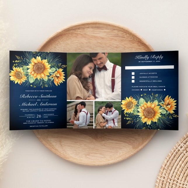 Rustic Navy Blue Wood Sunflowers Photo Wedding Tri-Fold Invitation (Creator Uploaded)
