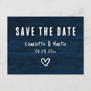 Rustic Navy Blue Wood Wedding Save The Date Postcard