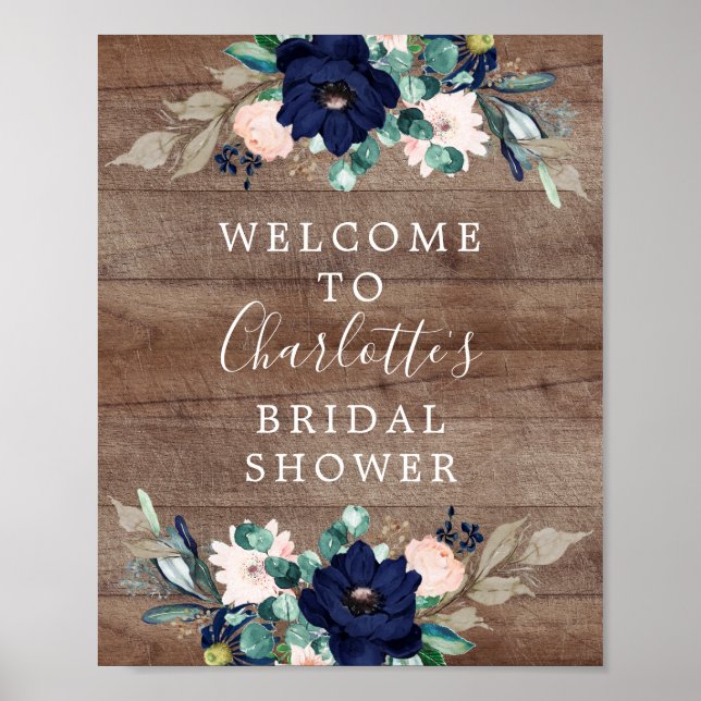 Rustic Navy & Blush Bridal Shower Welcome Sign (Front)