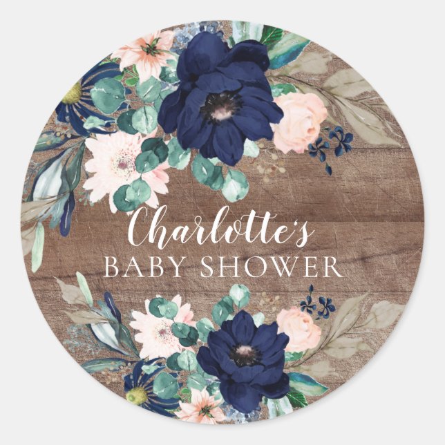 Rustic Navy Blush Floral Baby Shower Envelope Seal (Front)
