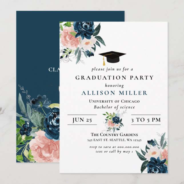 Rustic Navy Blush Floral Botanical Graduation Invitation (Front/Back)