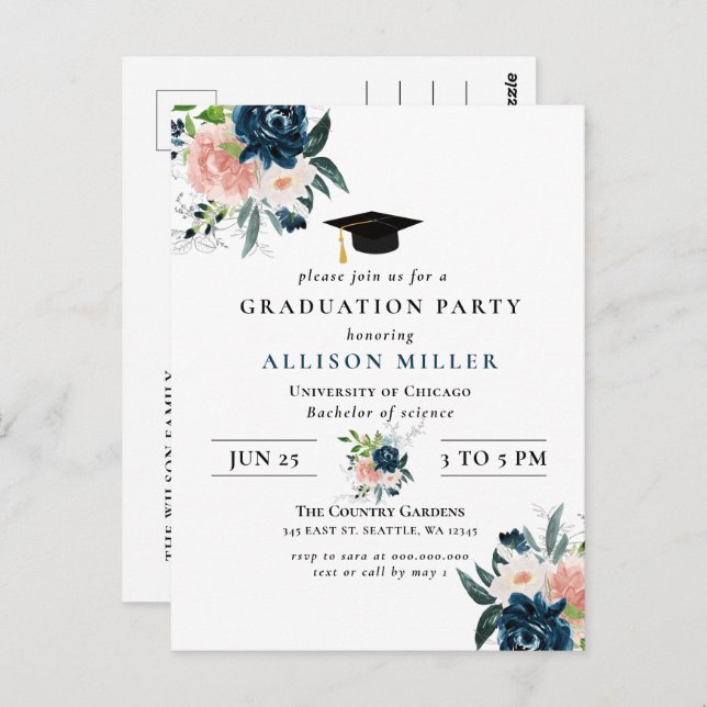Rustic Navy Blush Floral Botanical Graduation Postcard (Front/Back)