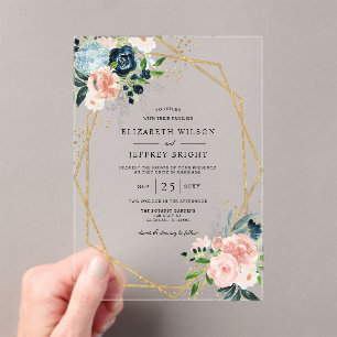  Rustic Navy Blush Gold Floral Geometric Wedding Acrylic Invitations