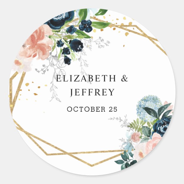 Rustic Navy Blush Gold Floral Geometric Wedding Classic Round Sticker (Front)