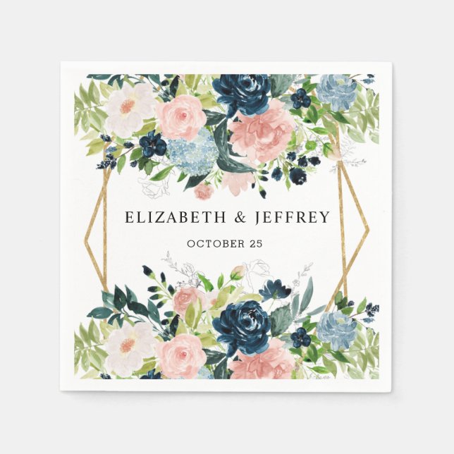 Rustic Navy Blush Gold Floral Geometric Wedding Napkin (Front)
