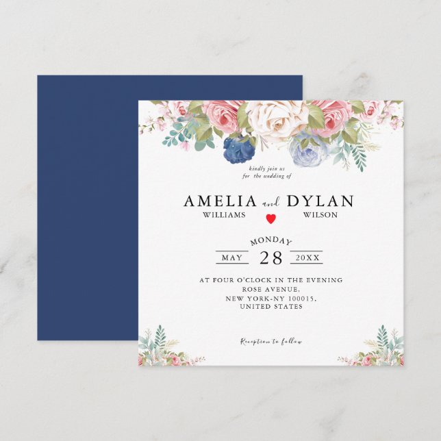 Rustic Navy Blush Pink Floral Modern Wedding Invit Invitation (Front/Back)