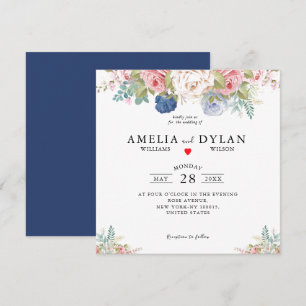 Rustic Navy Blush Pink Floral Modern Wedding Invit Invitation