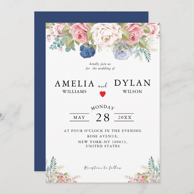 Rustic Navy Blush Pink Floral Modern Wedding Invitation (Front/Back)