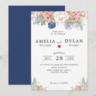 Rustic Navy Blush Pink Floral Modern Wedding Invitation