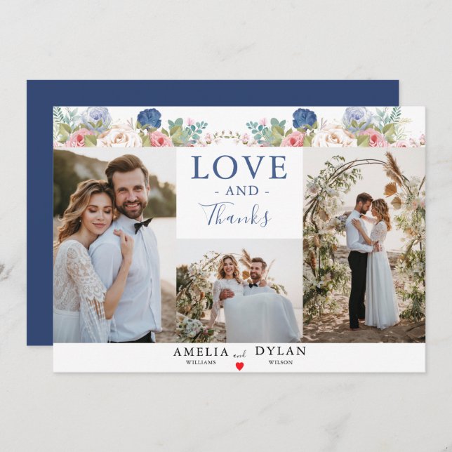 Rustic Navy Blush Pink Floral Modern Wedding  Thank You Card (Front/Back)