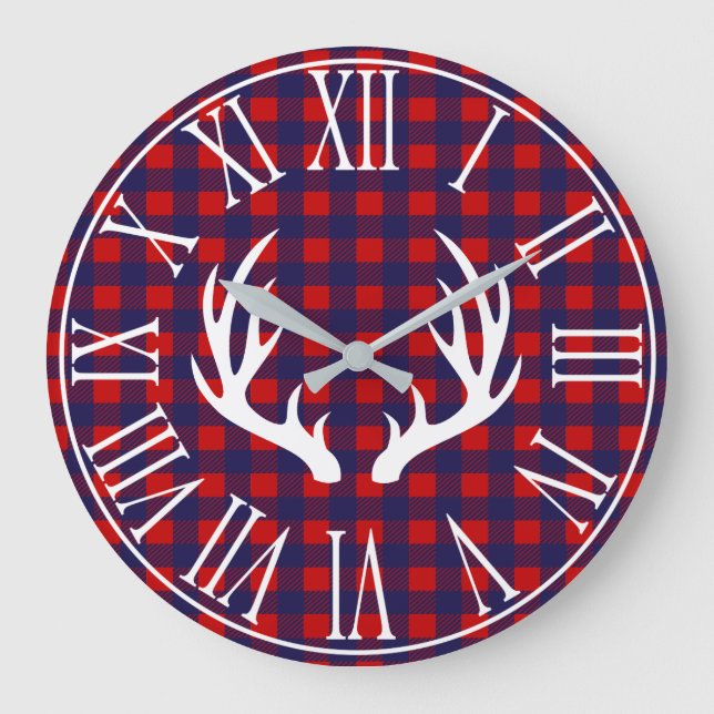 Rustic Navy Buffalo Check Plaid & Deer Antlers Large Clock (Front)