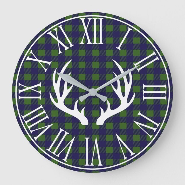 Rustic Navy Buffalo Check Plaid & Deer Antlers Large Clock (Front)