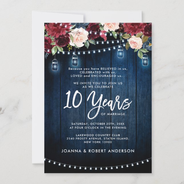 Rustic Navy Burgundy Floral Mason Jar Wedding Invitation (Front)
