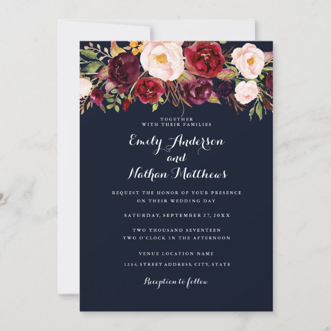 Rustic Navy Burgundy Floral Wedding Invitation (Front)