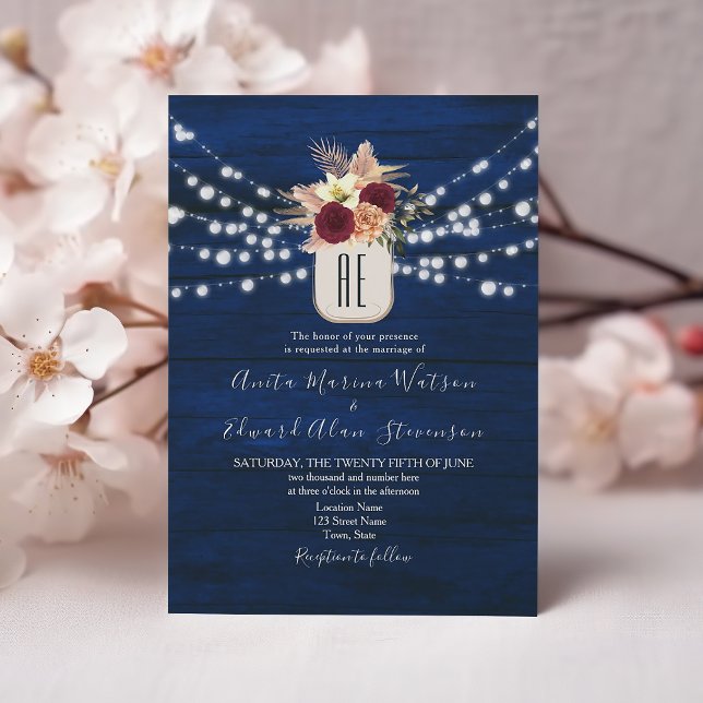 Rustic Navy Burgundy Floral Wedding Invite (Creator Uploaded)