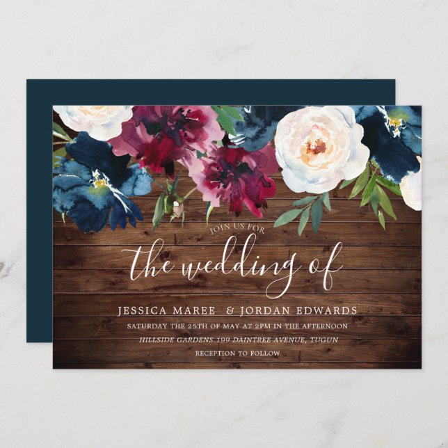 Rustic Navy Burgundy Red Burgundy Floral Wedding Invitation (Front/Back)