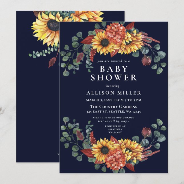 Rustic  Navy Burgundy Sunflowers Baby Shower Invitation (Front/Back)