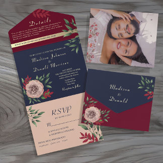 Rustic Navy Burgundy Wedding All In One Invitation