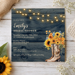 Rustic Navy Cowgirl Boots Sunflower Bridal Shower Invitation