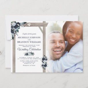 Rustic Navy & Dusty Blue Floral Photo Wedding Invitation
