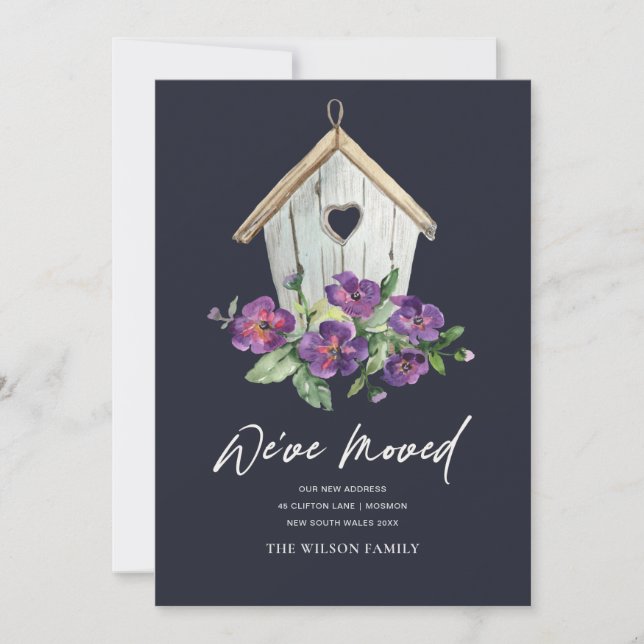 RUSTIC NAVY FLORAL BIRD HOUSE MOVING NEW ADDRESS ANNOUNCEMENT (Front)