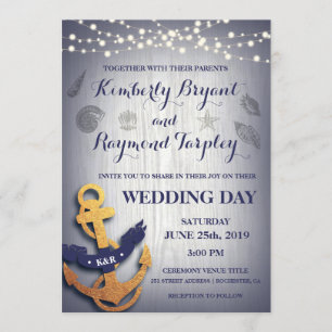 Rustic Navy Gold Nautical Anchor Custom Wedding Invitation