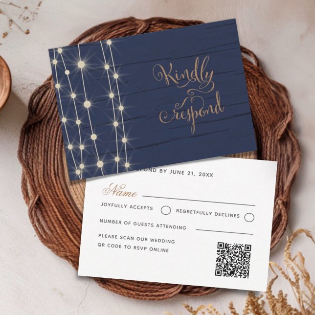 Rustic Navy & Gold String Lights Wedding RSVP Card (Creator Uploaded)