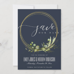 RUSTIC NAVY LEAFY GREEN GOLD FOLIAGE WATERCOLOR SAVE THE DATE