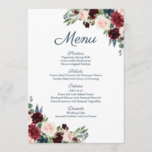 Rustic Navy Marsala Floral Mariage Cartes de menu