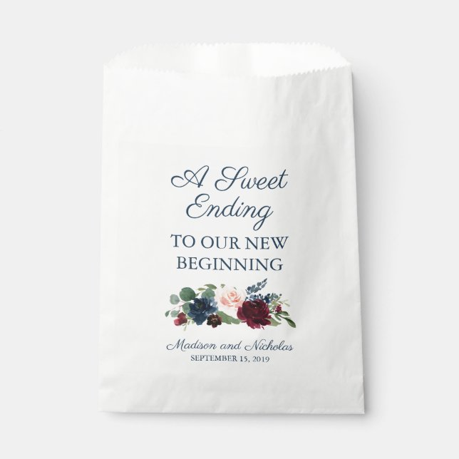 Rustic Navy Marsala Floral Wedding Favour Bags (Front)