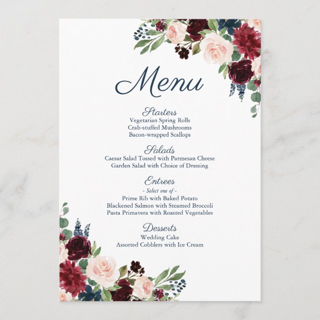 Rustic Navy Marsala Floral Wedding Menu Cards (Front)