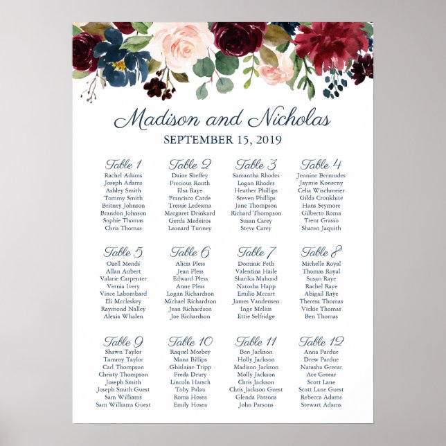 Rustic Navy Marsala Floral Wedding Seating Chart (Front)