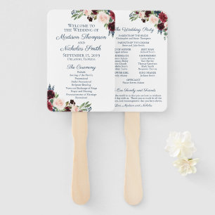 Rustic Navy Marsala Flower Wedding Program Fans