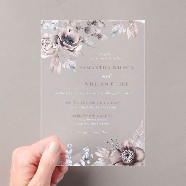 Rustic Navy Mauve Floral Botanical Wedding Acrylic Invitations (Insitu (Handheld))